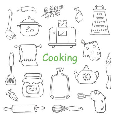 Sketch tarzında mutfak aksesuarlarıyla Vektör Doodle Set. El Çizgisi Pişirme Aletleri. Taslak Mutfak Malzemeleri, Mutfak Malzemeleri, Ekipmanlar. Beyaz arka planda izole edilmiş..