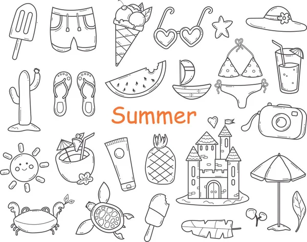 Doodle Sommerliche Elemente Und Accessoires Für Den Strandurlaub Skizzenstil Handgezeichnete — Stockvektor