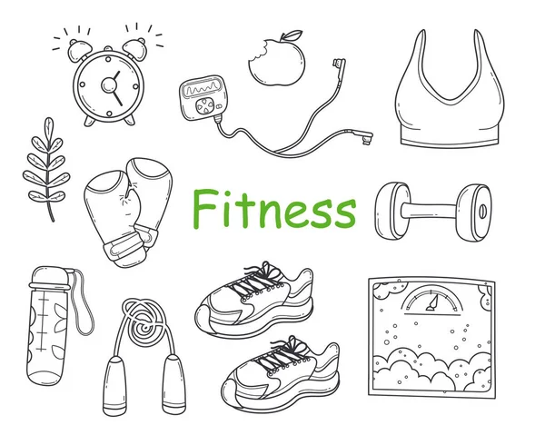 Conjunto Vetores Elementos Doodle Fitness Para Estilo Vida Ativo Equipamento — Vetor de Stock