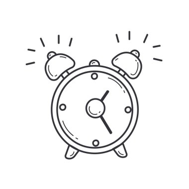Doodle Çalan Klasik Çalar Saat Sketch tarzında Çanlar. Uyanmak için el yapımı yuvarlak saat. İş ve Okul Elementleri ana hatlarıyla. Beyaz arkaplanda izole.