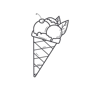 Vektör Doodle Dondurma Sketch tarzında. Dondurma ve jöleli el yapımı waffle konisi. Beyaz arka planda izole edilmiş Summer Dessert ana hatları..