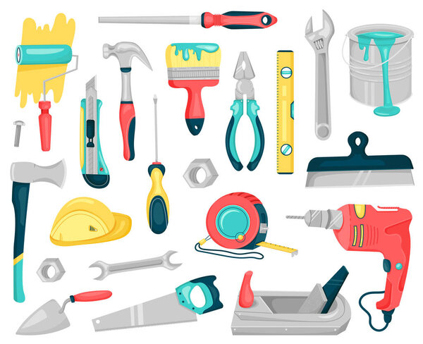 Vector Set with Construction Tools for Repair.Working Equipment for Home Renovation.Colorful Illustration in Cartoon style.Isolated on a white background.
