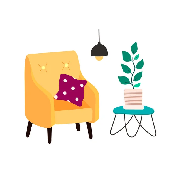 Un confortable fauteuil jaune avec une table basse et une plante d'intérieur. intérieur de la maison avec des meubles modernes confortables dans un style plat. isolé sur un fond blanc. — Image vectorielle