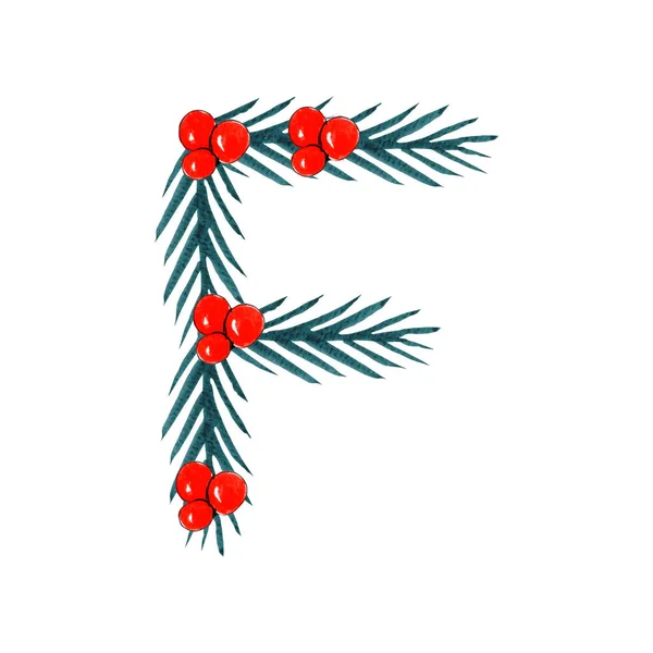 Watercolor Christmas F letter design, Christmas and New Year alphabet.