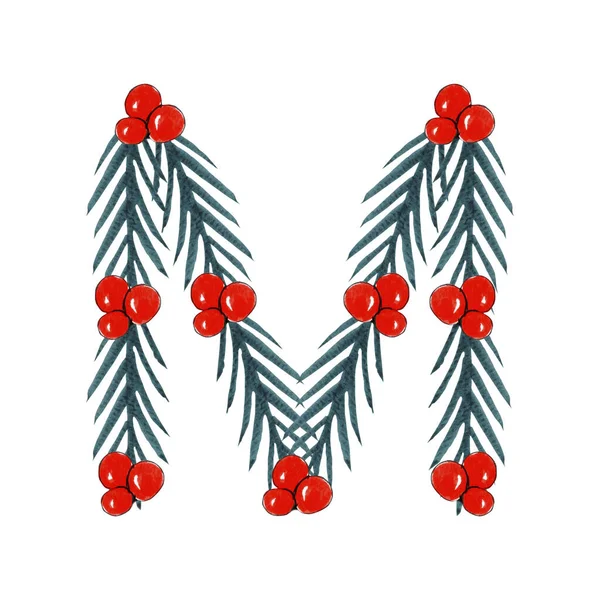 Aquarell Weihnachten M Buchstabendesign, Weihnachten und Neujahr Alphabet. — Stockfoto