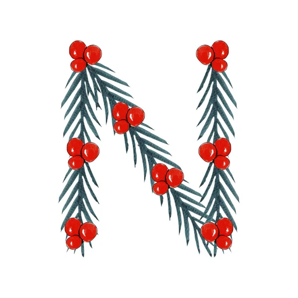 Aquarell Weihnachten N Buchstabendesign, Weihnachten und Neujahr Alphabet. — Stockfoto