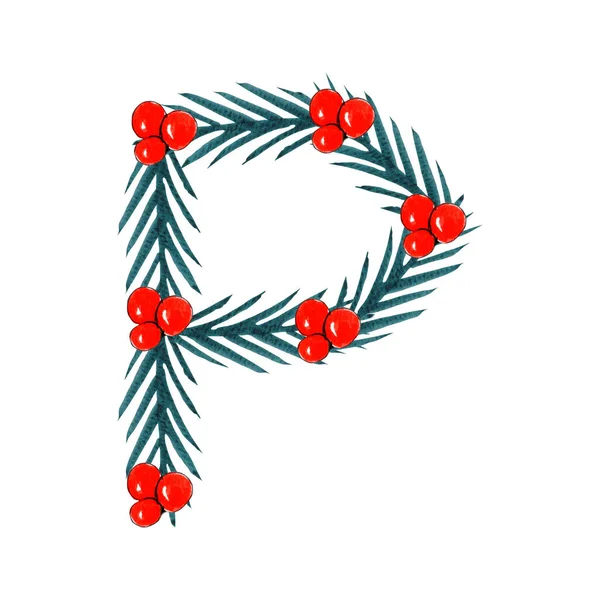 Aquarell Weihnachten P Buchstabendesign, Weihnachten und Neujahr Alphabet. — Stockfoto