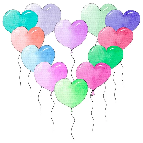 Aquarell bunte Luftballons Komposition. Herzballons zum Geburtstag, Valentinstag, Muttertag und anderen. — Stockfoto