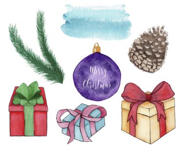 Bir dizi suluboya Noel ve yeni yıl unsurları. Hediye kutuları, Noel balosu, koni, yeşil dal.