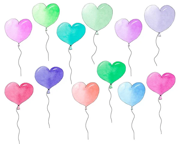 Ensemble de ballons colorés. Ballons de coeur pour anniversaire, Saint-Valentin, fête des mères et autres dessins. — Photo