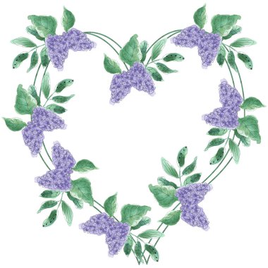 Leylak çerçeveli. Sevgililer Günü için romantik kalp çelengi, doğum günü, düğün, anneler günü vs..