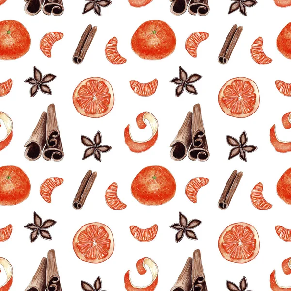 Watercolor tangerine and spices pattern on white background. — Stock Photo, Image