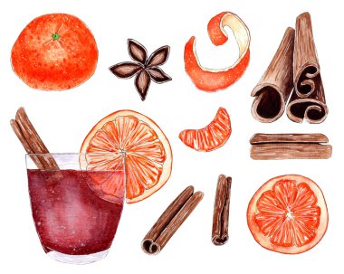 Suluboya şarap seti, mandalina ve baharatlar..