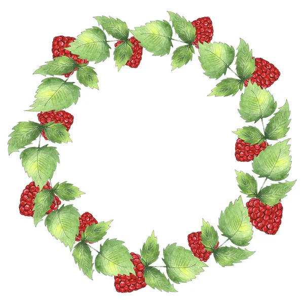 Watercolor raspberry and green leaves wreath — Stock Photo, Image