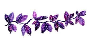 Beyaz zemin üzerinde mor yapraklar bulunan el boyası suluboya kenar.