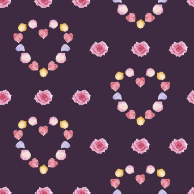 Pembe gül ve taç yapraklı suluboya deseni. Kusursuz dijital kağıt.