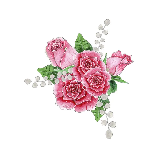 Acuarela Composición Floral Ramo Arreglo Rosas Aislado Sobre Fondo Blanco —  Fotos de Stock