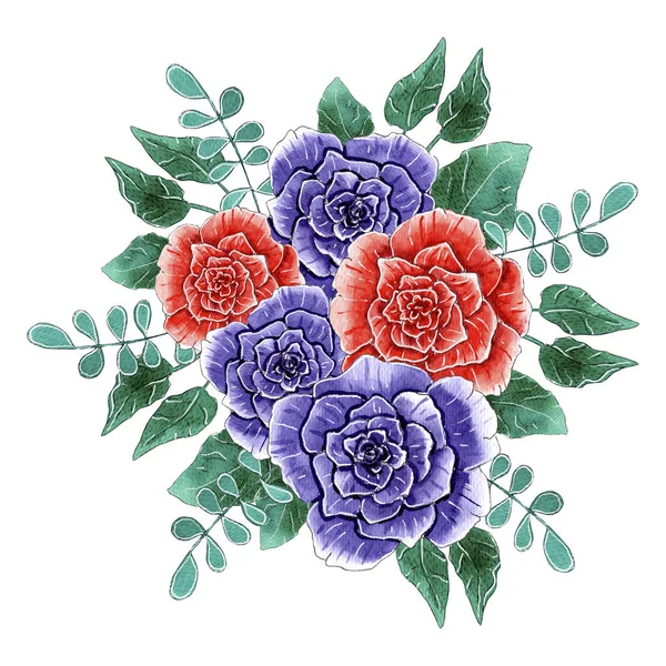Composition bouquet floral aquarelle, arrangement de roses rouges et violettes. — Photo