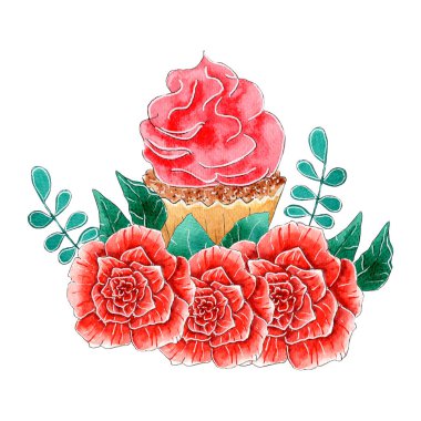 Kırmızı güllü suluboya kek kompozisyonu.