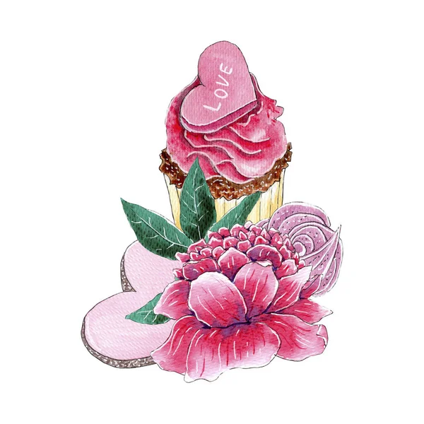 Composition cupcake aquarelle avec fleur de pivoine, cookie coeur et guimauve. — Photo