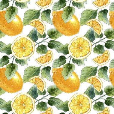 Beyaz arkaplanda suluboya limon deseni.