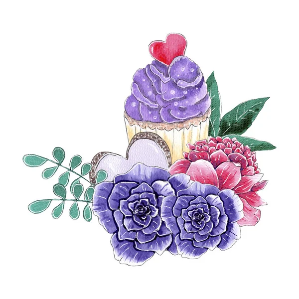 Watercolor cupcake composition with purple roses and peony flower. — Stock Photo, Image