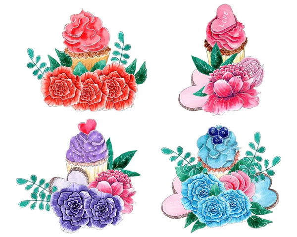 Acuarela flores cupcake composiciones conjunto. —  Fotos de Stock