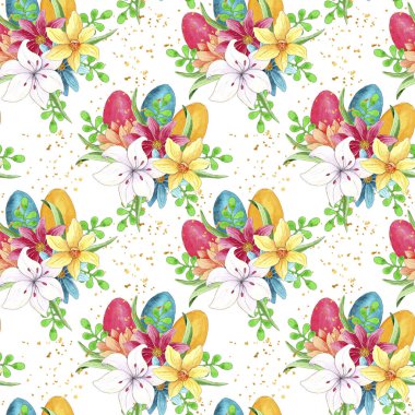 Bahar çiçekleri ve Paskalya yumurtalarıyla suluboya Paskalya deseni.