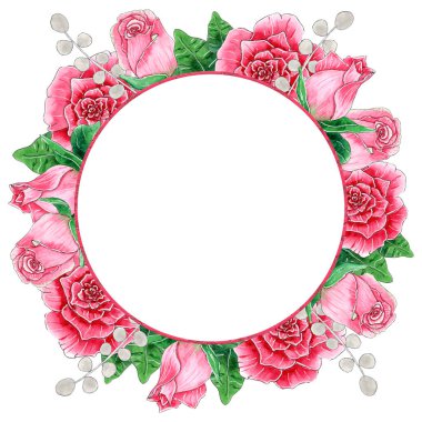 Suluboya pembe gül çiçek çerçevesi.