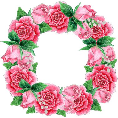 Suluboya pembe gül çiçek çelengi.