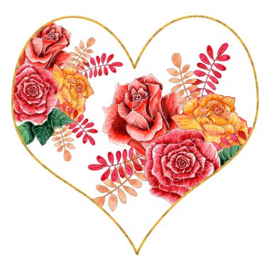 Çiçekli suluboya kalp, kalbindeki gül buketi.