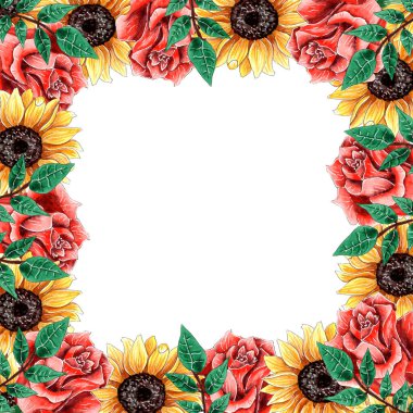 Suluboya ayçiçeği ve kırmızı gül çiçeği kenarı.