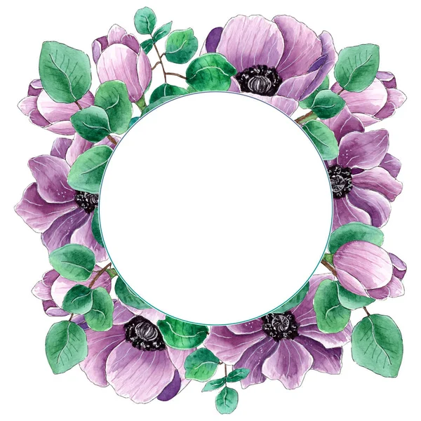 Aquarell floraler Rahmen mit lila Blüten. — Stockfoto