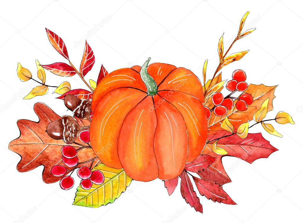 Watercolor autumn fall arrangement with pumpkin and colorful leaves, berries and acorn.