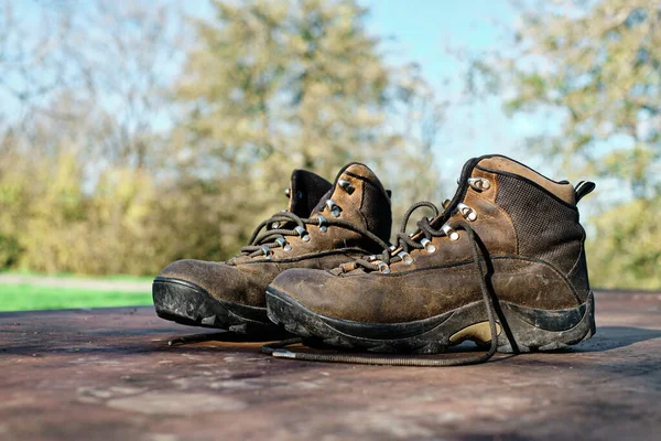 Old Dirty Hiking Boots Background Trees Royalty Free Stock Images