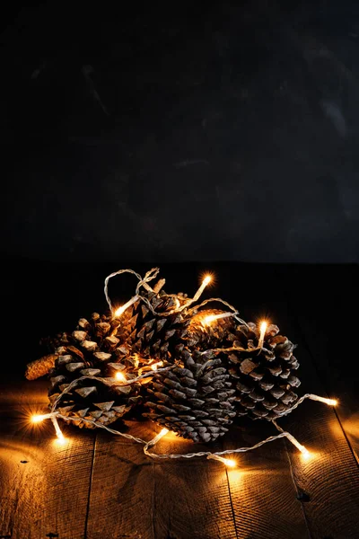 Çam kozalakları ve karanlık arka planlı Noel ışıkları