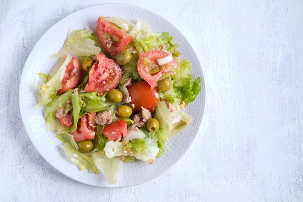 Fresh Salad Lettuce Onion Tomato Tuna White Textured Background Copy Stock Picture