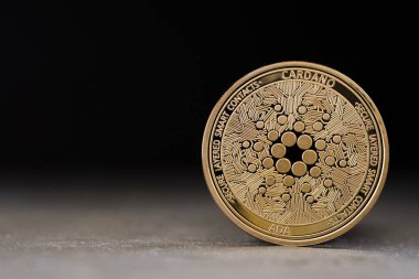 Siyah arkaplan ve kopyalama alanına sahip Cardano kripto para birimi