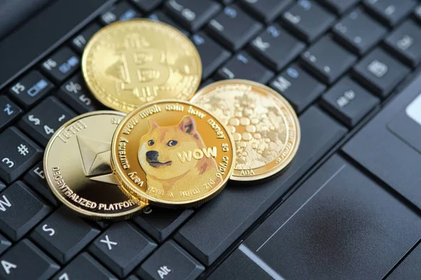 Verschiedene Kryptowährungen Dogecoin Bitcoin Ethereum Und Cardano Auf Der Computertastatur — Stockfoto