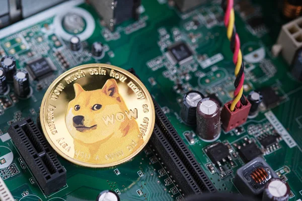 Gold Dogecoin Kryptowährung Münze Und Computer Interieur Hintergrund — Stockfoto