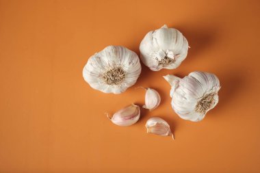 Birçok sarımsak soğanı turuncu bir yüzeyde biraz sarımsak karanfili ile düzenlenir. Bu düzenek sarımsağı ortak bir mutfak malzemesi olarak ön plana çıkarıyor..