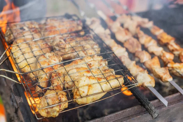 Shashlik Porco Com Pedaços Frango Assados Sobre Carvão Vegetal — Fotografia de Stock