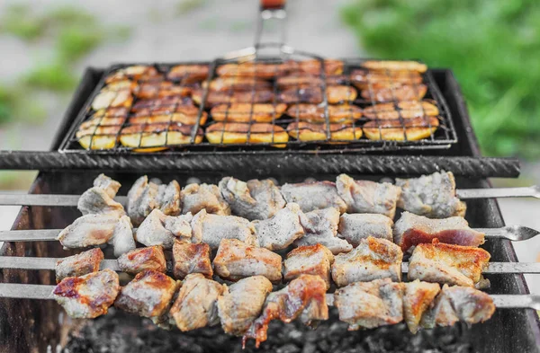 Shashlik Cerdo Con Trozos Papas Asadas Pinchos Sobre Carbón —  Fotos de Stock