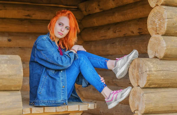 Beautiful Young Woman Sitting Arbor Looking Distance Summer Evening Village — Stock Photo, Image