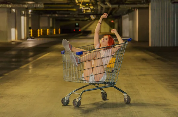 Young Beautiful Woman Sitting Food Cart Parking Happiness Joy Serenity ストックフォト