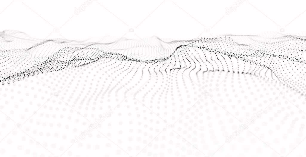 Wave of points and lines. Abstract background with dynamic wave. Dots in space. 3d rendering