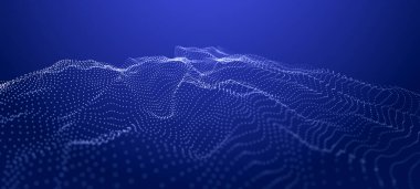 Noktalar ve doğrular dalgası. Dinamik dalgalı soyut bir arkaplan. Uzayda noktalar. 3d oluşturma.