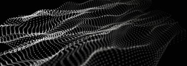 Noktalar ve doğrular dalgası. Dinamik dalgalı soyut bir arkaplan. Uzayda noktalar. 3d oluşturma