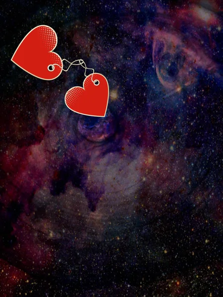 Background of a fantasy starry sky with inset hearts, a Valentine's day card, there is free space for text.