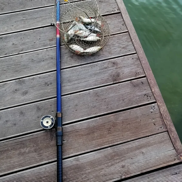 Wooden Bridge Fishing Rod Metal Net Catch Fish — Stock Photo, Image